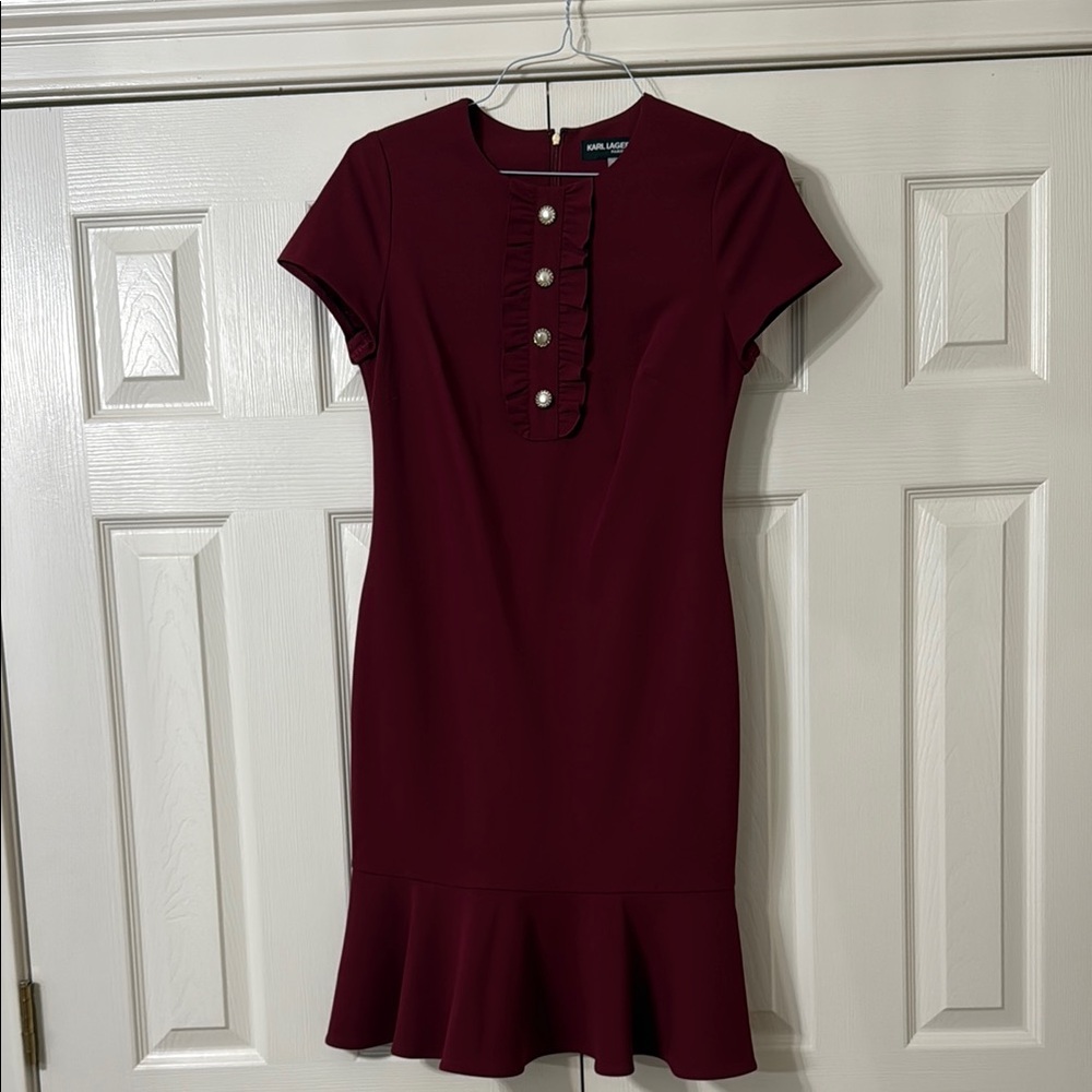 Karl Lagerfeld Red Ruffled Buttoned Sheath Dress